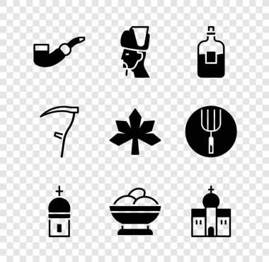 Tüttürme piposu, Ukrayna kazağı, votka şişesi, kilise kulesi, Varenyky kasesi, bina, Tırpan ve Kestane yaprağı ikonu. Vektör