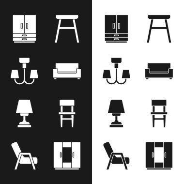 Koltuk, Avize, Gardırop, Sandalye, Masa lambası ve Koltuk ikonu. Vektör