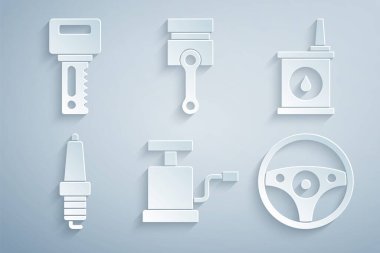 Araba pompasını ayarlayın, motor yağı için teneke kutu, buji, direksiyon pistonu ve uzaktan kumandalı anahtar. Vektör