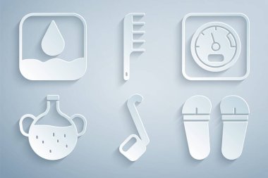 Sauna kepçesini, termometreyi, gerekli yağ şişesini, terlikleri, saç fırçasını ve su damlası ikonunu ayarla. Vektör