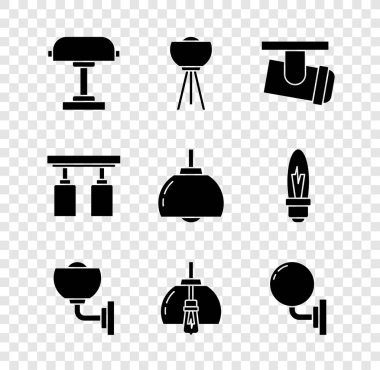 Masa lambası, zemin, ray ışıkları ve lambaları, duvar lambasını, avizeyi ve ikonu ayarla. Vektör