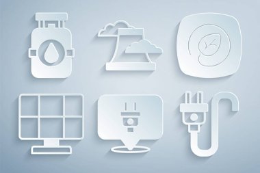 Elektrik prizi, yapraklı konum, güneş enerjisi paneli, nükleer enerji santrali ve propan gaz tankı ikonu ayarlayın. Vektör