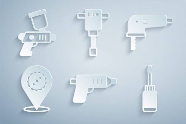 Elektrik kablosuz tornavida, yapboz, dairesel bıçak, tornavida, inşaat matkabı ve boya sprey tabancası ikonu. Vektör
