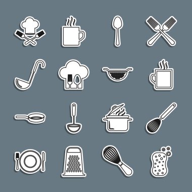 Kabarcıklı Sponge, mutfak çırpıcısı, kahve fincanı, kaşık, kepçe, kepçe ve süzgeç ikonu. Vektör