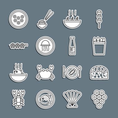 Havyar, suşi, balıklı balık kovası, karides çorbası, tabakta denizanası, ızgara biftek ve sos şişesi ikonu. Vektör
