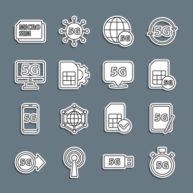Satır Dijital hız ölçer 5G, Grafik tableti, Sim Card, ağ, kart ayarı, Monitor, Micro ve Konum simgesi ile ayarla. Vektör
