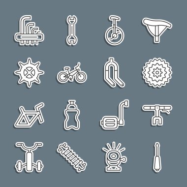 Set line Screwdriver, Bicycle handlebar, cassette, Unicycle or one wheel bicycle, sprocket crank, Tool allen keys and fork icon. Vector clipart