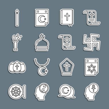 Cross Ankh, Yahudi takvimi, Hindu gamalı haçı, kutsal kitap, Müslüman camisi, Aspergillum, yanan mum ve Tevrat tomar ikonu. Vektör