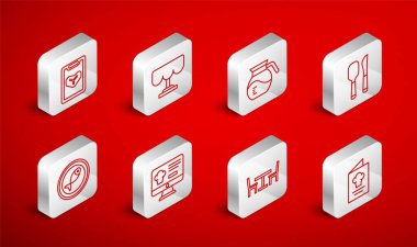 Sabit hat, ahşap masa, kahve demliği, bıçak ve kaşık, sandalye, restoran kafe menüsü, online sipariş ve servis edilmiş balık tabağı ikonu. Vektör