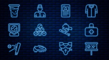 Çizgi planlama stratejisi, ilk yardım çantası, beysbol kartı, taban, bir bardak bira, beyzbol sopası, şapka ve oyuncu ikonu. Vektör