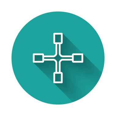 Beyaz çizgi tekerlek anahtarı ikonu uzun gölgeli izole edilmiş. Tekerlek desteği. Yeşil daire düğmesi. Vektör.