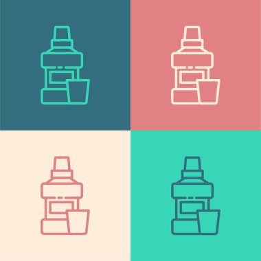 Popüler sanat eseri ağız gargargarası plastik şişe ve cam ikon renkli arka planda izole edilmiş. Ağzını çalkalamak için sıvı. Ağız bakım ekipmanları. Vektör.