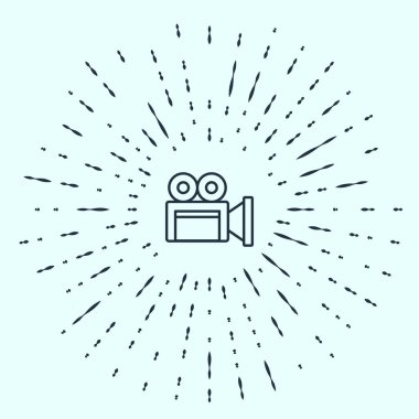 Siyah çizgi sinema kamera ikonu gri arkaplanda izole edildi. Video kamera. Film tabelası. Film projektörü. Soyut çember rastgele noktalar. Vektör.