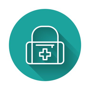 Beyaz çizgi ilk yardım çantası simgesi uzun gölgeli izole edildi. Haçlı sağlık kutusu. Acil durumlar için tıbbi ekipman. Sağlık sigortası konsepti. Yeşil daire düğmesi. Vektör.