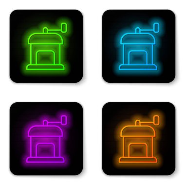 Parlayan neon çizgisi Manual kahve öğütücü simgesi beyaz arkaplanda izole edildi. Siyah kare düğme. Vektör