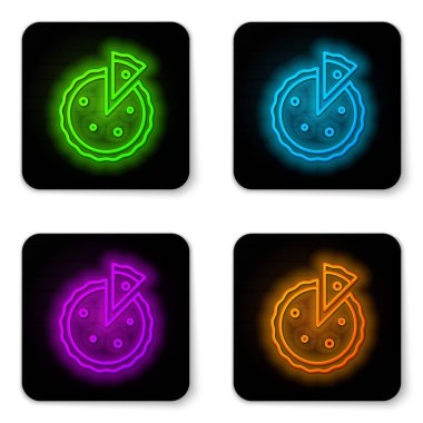 Parlayan neon hattı beyaz arka planda izole edilmiş ev yapımı turta ikonu. Siyah kare düğme. Vektör