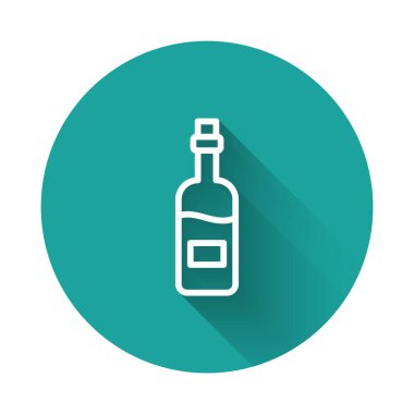 Beyaz çizgi şarap şişesi uzun gölgeli arka plan izole edilmiş. Yeşil daire düğmesi. Vektör