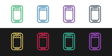 Smartphone hattı, cep telefonu simgesi siyah beyaz arkaplanda izole edildi. Vektör