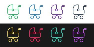 Bebek arabası simgesini siyah beyaz arkaplanda ayır. Bebek arabası, at arabası, bebek arabası, bebek arabası, tekerlek. Vektör