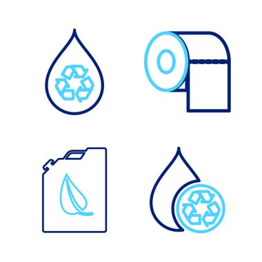 Geri dönüşüm hattı temiz su, biyoyakıt tüpü, tuvalet kağıdı rulosu ve ikon. Vektör