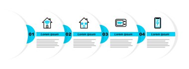Hat Mobil şarj bataryasını, termostatı, korunan evi ve kablosuz ağ ikonlu Smart evini ayarla. Vektör