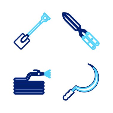 Hat Orak, bahçe hortumu ya da yangın hortumu, bahçe yapımı el yapımı makas ve kürek ikonu. Vektör