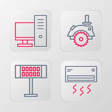 Hattı ayarlayın, klima, elektrikli ısıtıcı, dairesel testere ve bilgisayar monitörü simgesi. Vektör