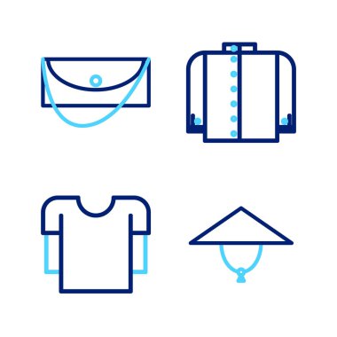 Asya konik şapkası, uzun kollu gömlek, tişört ve debriyaj çantası ikonu. Vektör