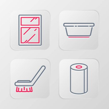 Kağıt havlu rulosu, temizlik fırçası, plastik leğen ve temizlik servisi simgesi. Vektör