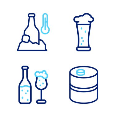 Metal bira fıçısı, bira şişesi ve cam, bir bardak soğuk ikon. Vektör