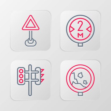 Yol uyarı kayası, trafik ışığı, trafik işareti ve üçgen boş simgesini ayarlayın. Vektör