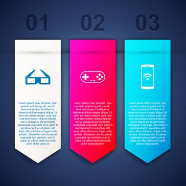3D sinema gözlüğü, oyun alanı ve telsiz ile akıllı telefon ayarla. Ticari bilgi şablonu. Vektör.