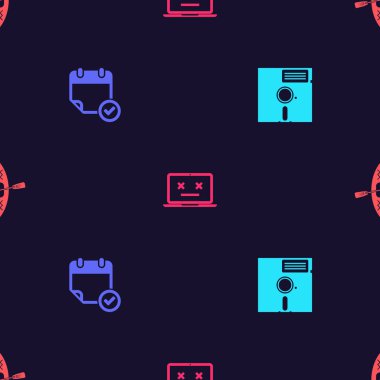 Disketi 5.25 inç 'e ayarla, işaretli takvim, ölü dizüstü bilgisayar ve kano ve kürek düzgün desen. Vektör.