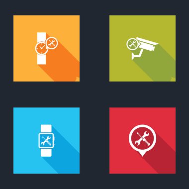 Bilek izleme servisini, güvenlik kamerasını, Smartwatch ve konum simgesini ayarla. Vektör.