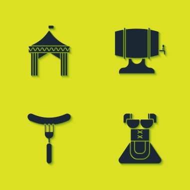 Kamp çadırı, kadınlar için kıyafet çataldaki sosis ve tahta fıçı ikonu. Vektör.