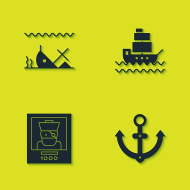 Batık gemi, Anchor, Aranıyor poster korsanı ve gemi simgesi. Vektör.