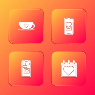 Kahve fincanı ve kalbi ayarla, mobil ve takvim ikonu. Vektör.