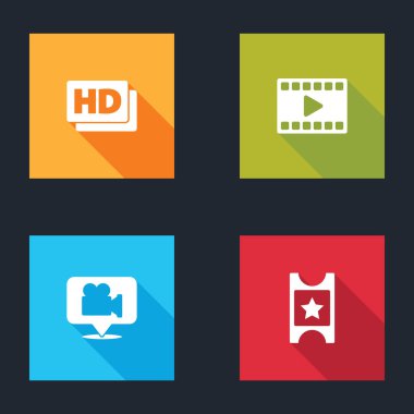 HD film, kaset, çerçeve, Play Video, Kamera ve konum ve sinema bileti simgesini ayarlayın. Vektör.