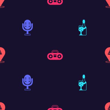 Şampanya şişesi, mikrofon, iki hoparlörlü ev teybi ve kusursuz bir pizza dilimi. Vektör