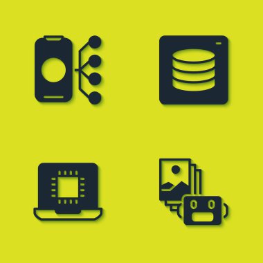 Sinirsel ağı, yapay zeka robotunu, işlemci işlemcisini ve sunucuyu, veri simgesini ayarla. Vektör