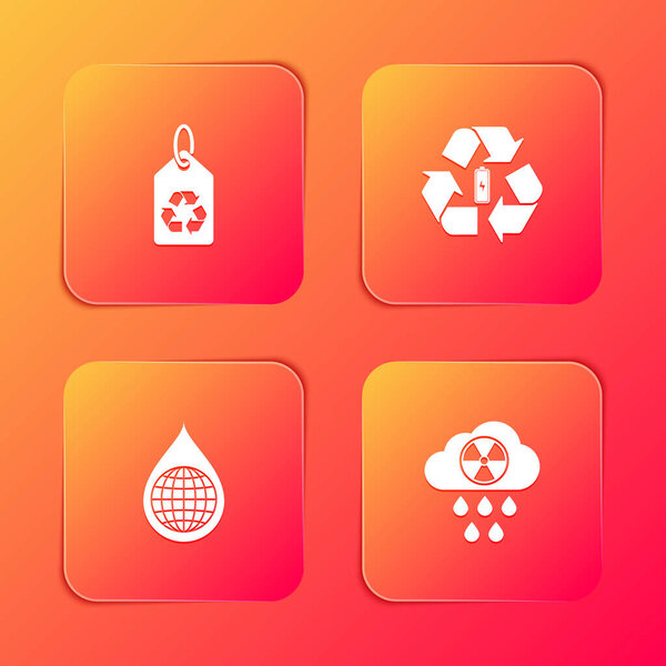 Набор с утилизацией, батареей, планетой Земля в капле воды и кислотным дождем и иконой радиоактивного облака. Вектор.