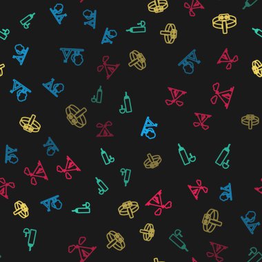 Bayraklı turist çadırı, termos konteynırı, el feneri ve pürüzsüz desenli. Vektör.