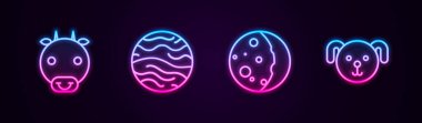Ox Zodyak, Venüs Gezegeni, Güneş Tutulması ve Köpek. Parlayan neon ikonu. Vektör.