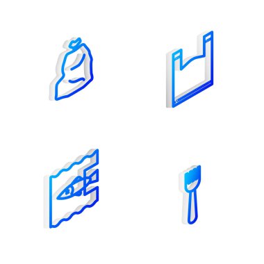 Plastik torba, çöp torbası, okyanus plastik kirliliğini ve tek kullanımlık çatal simgesini durdurun. Vektör.