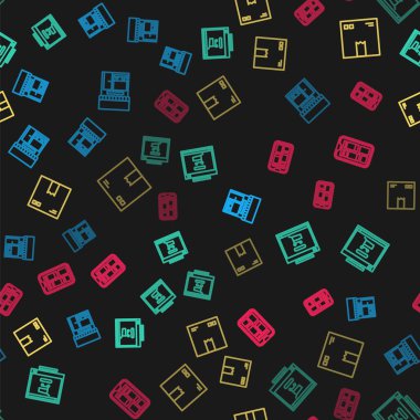 Hat, alışveriş binası ya da market arabası, bilgisayarda el arabası, üzerinde trafik sembolü olan karton kutu ve çevrimiçi, kusursuz bir alışveriş telefonu. Vektör.