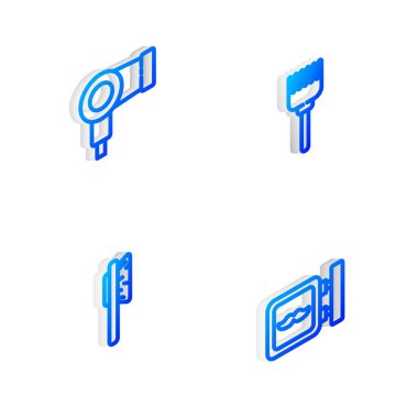 Isometric hattını, saç fırçasını, kurutma makinesini ve berber dükkanı simgesini ayarla. Vektör.