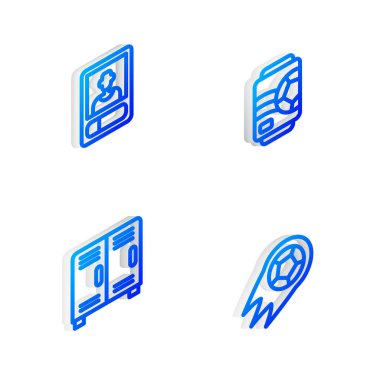 Isometric hattı bira kutusu, futbol ya da futbol kartı, soyunma odası ve futbol ikonu ayarla. Vektör