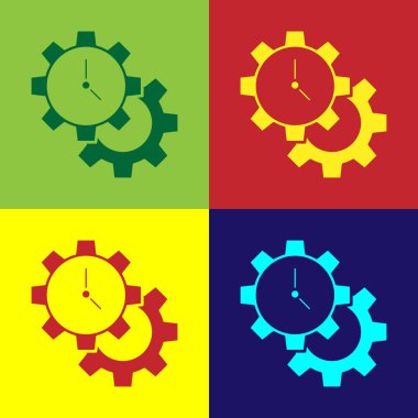Pop Art Zaman Yönetimi simgesi renk arkaplanında izole edildi. Saat ve vites tabelası. Üretkenlik sembolü. Vektör.