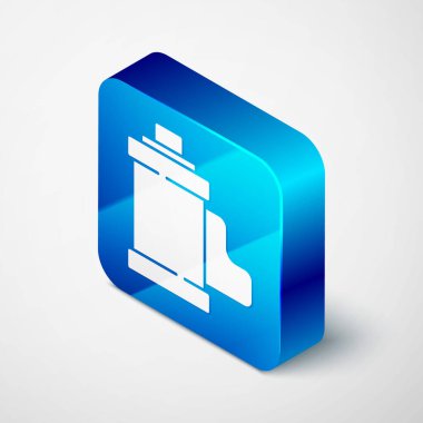 Gri arkaplanda izole edilmiş Isometric Camera klasik film rulo kartuş ikonu. 35 mm 'lik film kutusu. Film şeridi fotoğrafçı ekipmanı. Mavi kare düğme. Vektör.