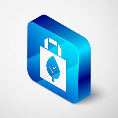 Gri arka planda izole edilmiş geri dönüşüm simgesiyle Isometric Paper alışveriş torbası. Geri dönüşüm sembollü çanta. Mavi kare düğme. Vektör.